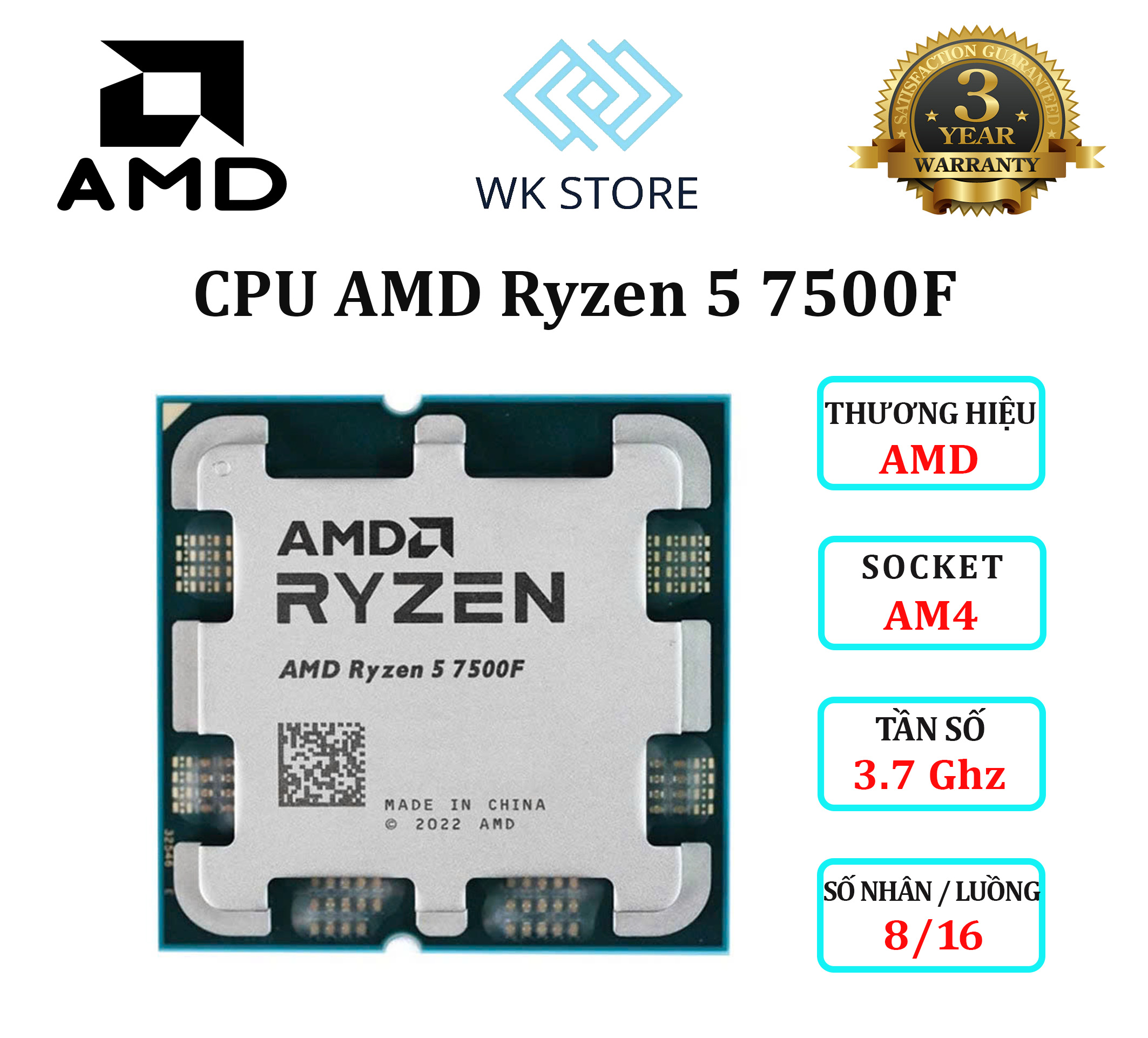 CPU AMD Ryzen 5 7500F / 3.7GHz Boost 5.0GHz / 6 nhân 12 luồng / 32MB / AM5 Tray