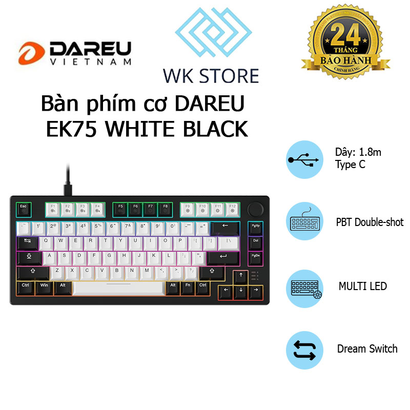 Bàn phím cơ Gaming DAREU EK75 WHITE BLACK PBT Double Shot
