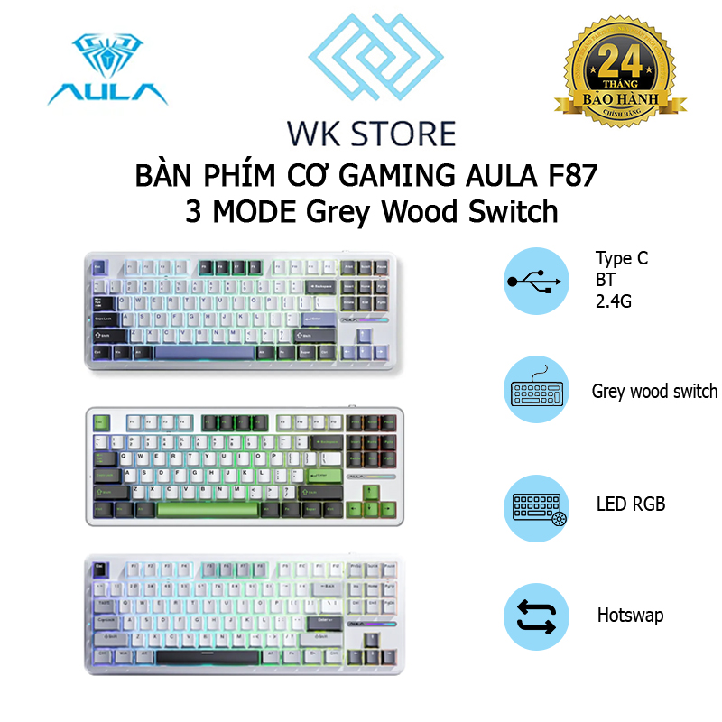 BÀN PHÍM CƠ GAMING AULA F87 3 MODE Grey Wood Switch
